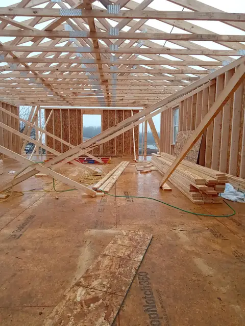 Garage roof truss framing, seen from the second floor